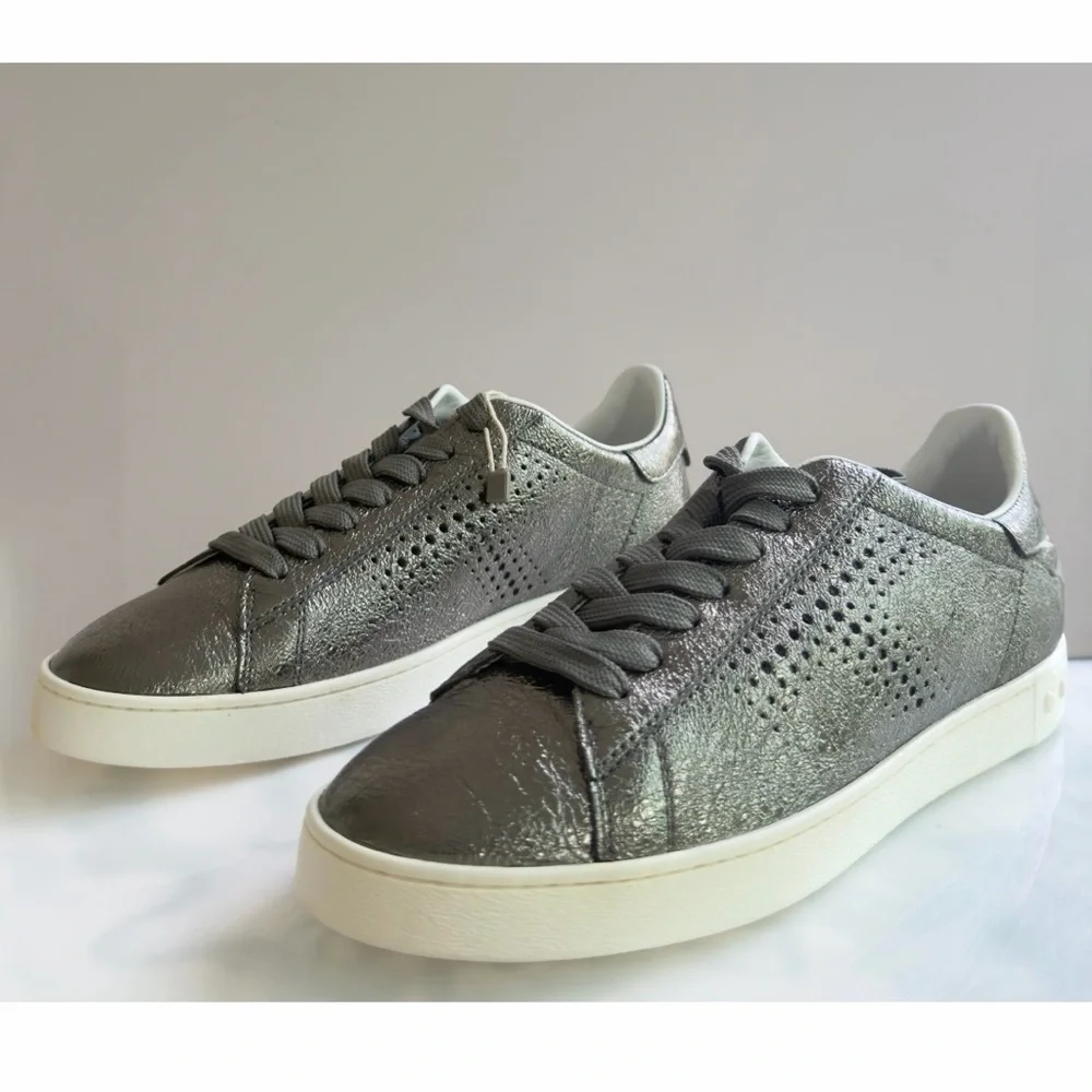 Tod's Women’s Metallic Gunmetal Silver Perforated Leather Low Top Sneakers NEW